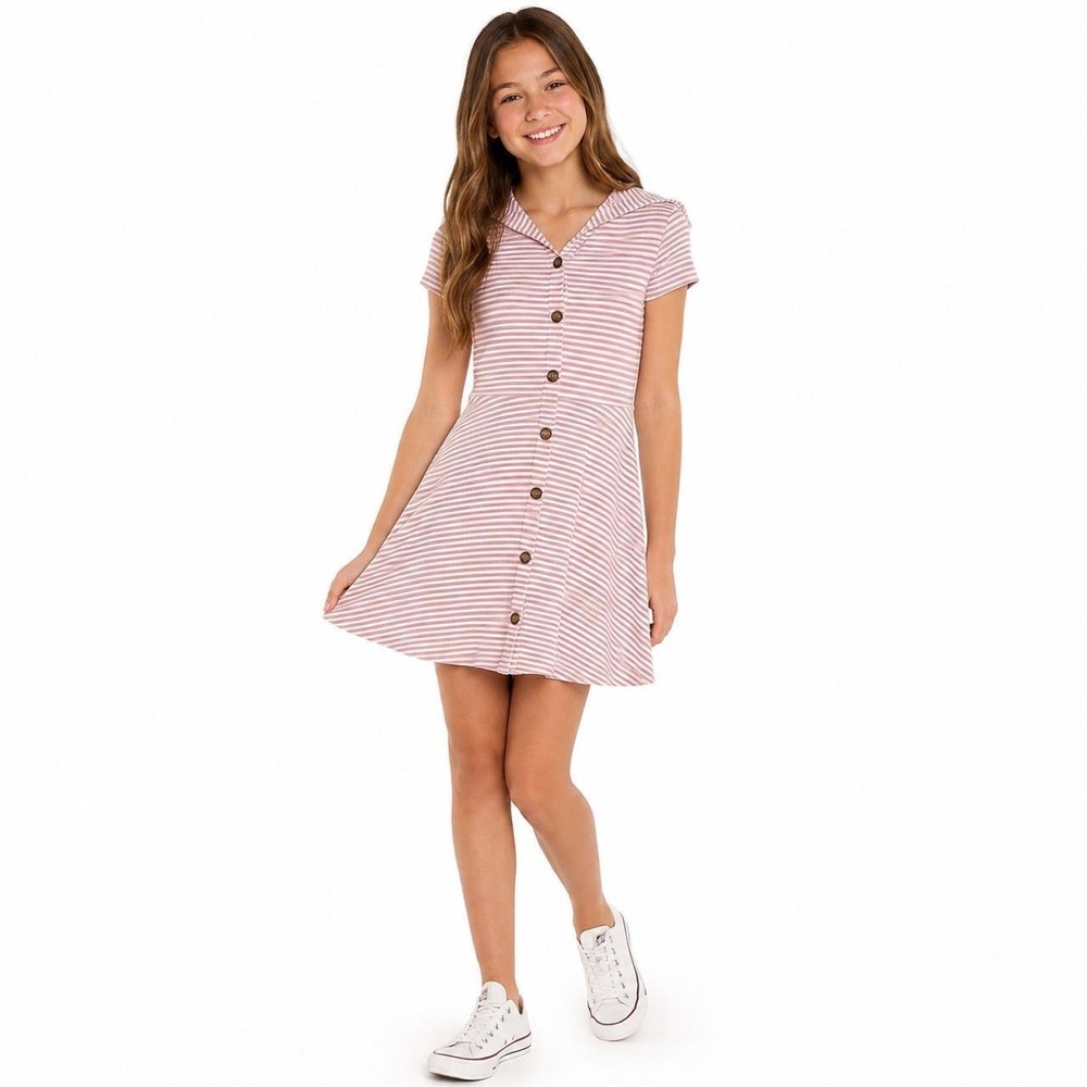 iZ Girl by Byer Girls XL 16 Pink Striped Button Front Fit Flare Skater Dress